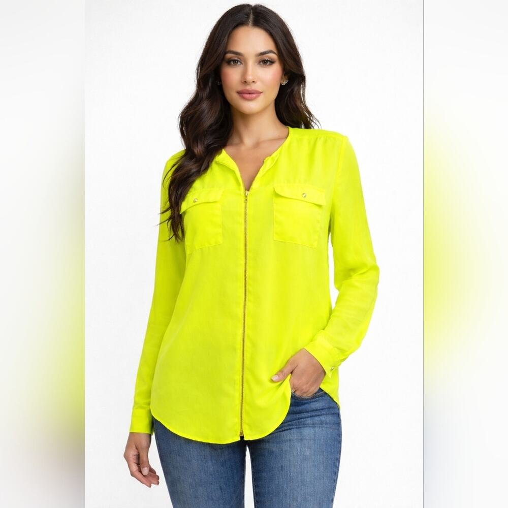 AGACI Neon Lime Zip Front Blouse | Long Sleeve Utility Top w/ Roll Tab | Women’s